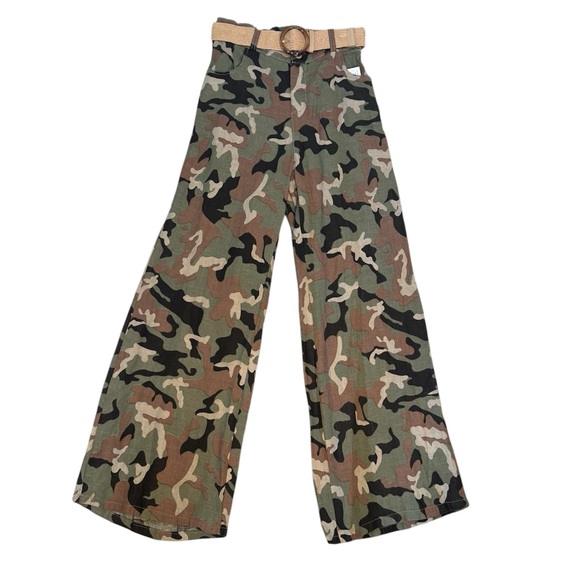 I Love Linen‎ Women's Large Camo Wide-Leg Zip Up Button Pant With Belt NWT - Picture 1 of 8